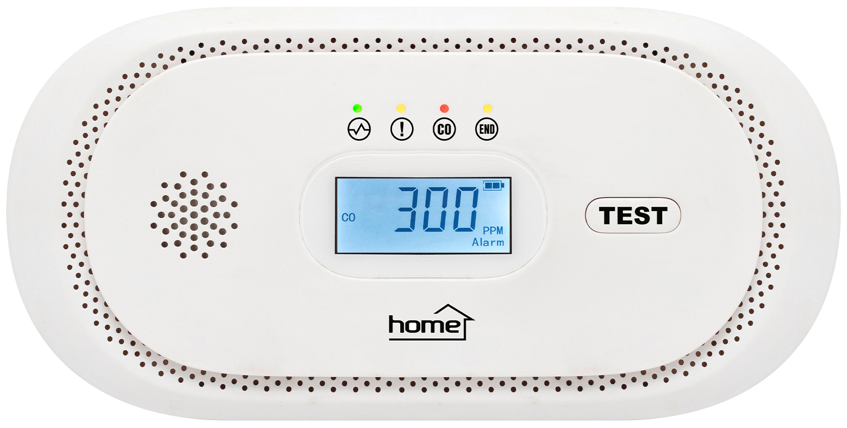 Fehér szén-monoxid-érzékelő digitális kijelzővel, amely 300 PPM-et mutat.