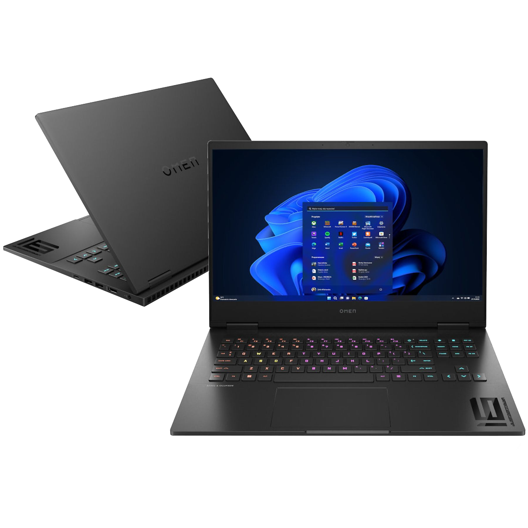 Dwa czarne laptopy. Jeden otwarty, pokazujący ekran z ikonami; drugi zamknięty.