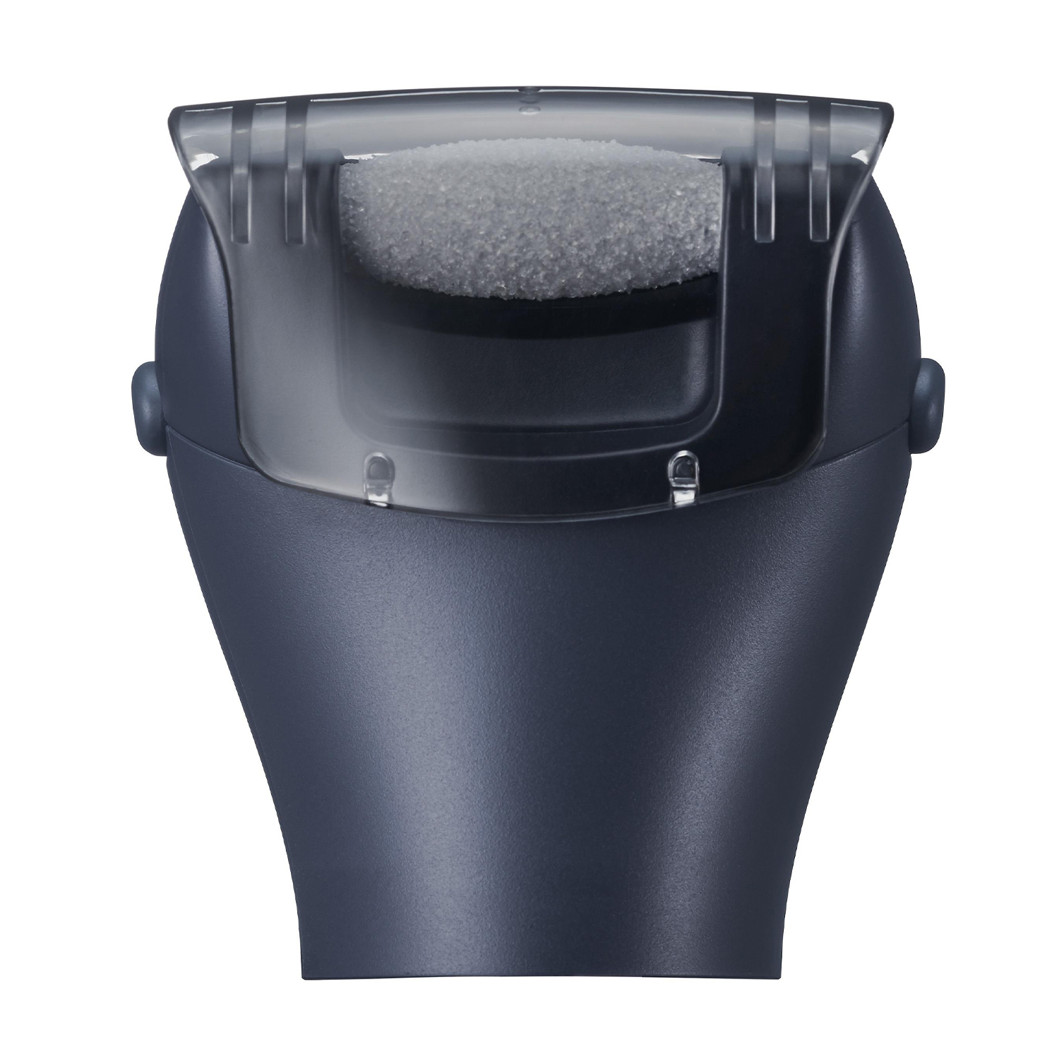 Primo piano di un dispositivo nero per la cura dei piedi. Ha una protezione in plastica trasparente.