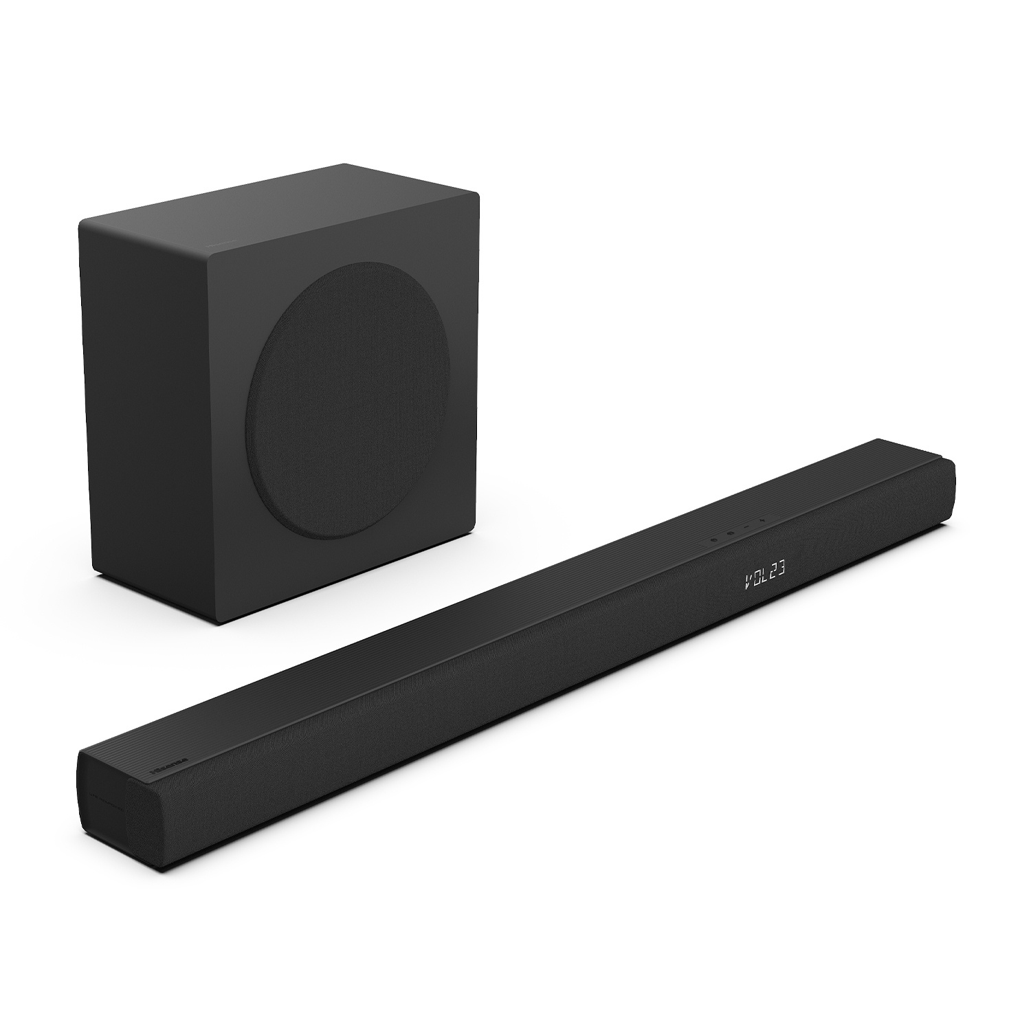 Un set di soundbar e subwoofer neri. La soundbar mostra 'VOL 23'.
