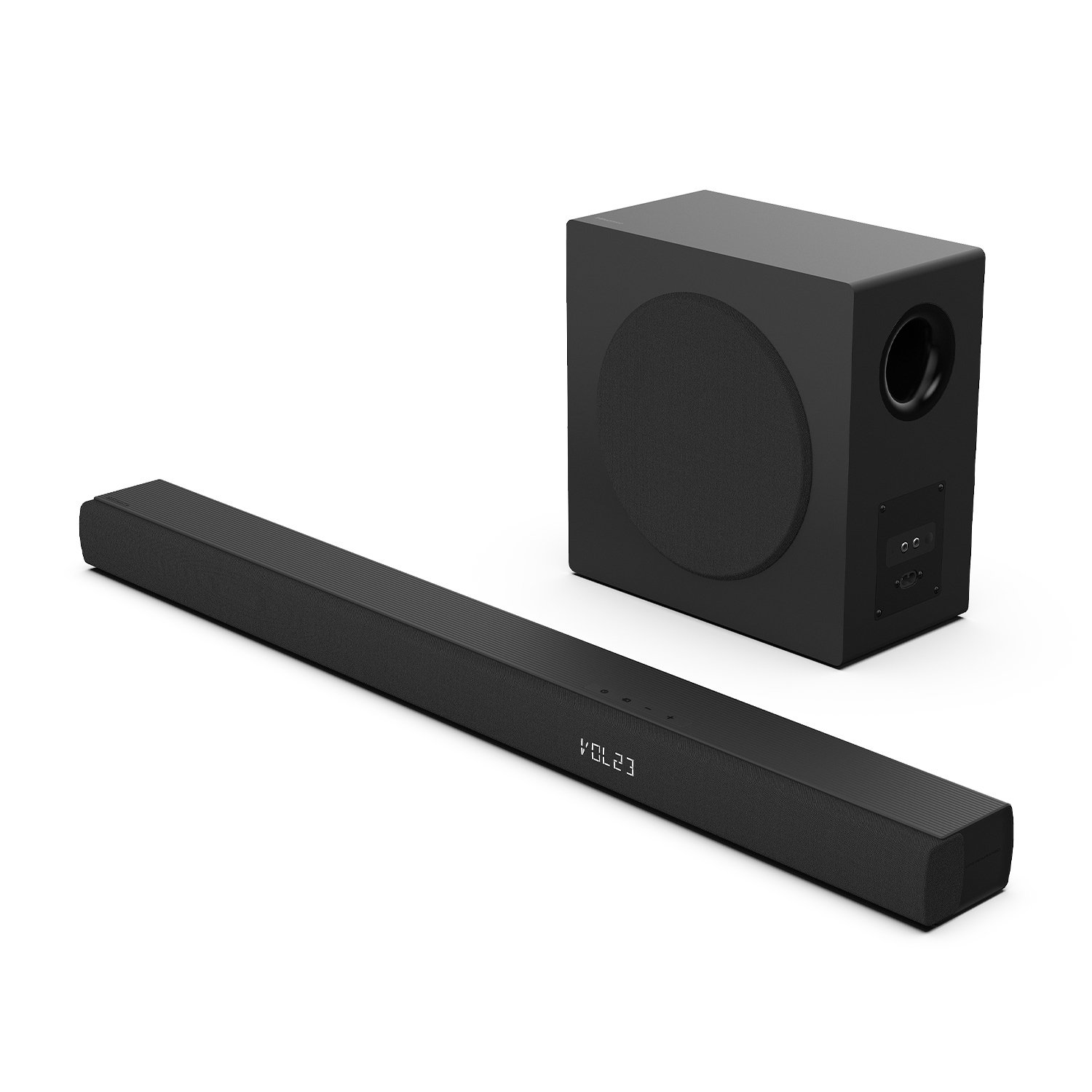 Soundbar nera con subwoofer. Soundbar mostra 'VOL23'. Sfondo bianco.