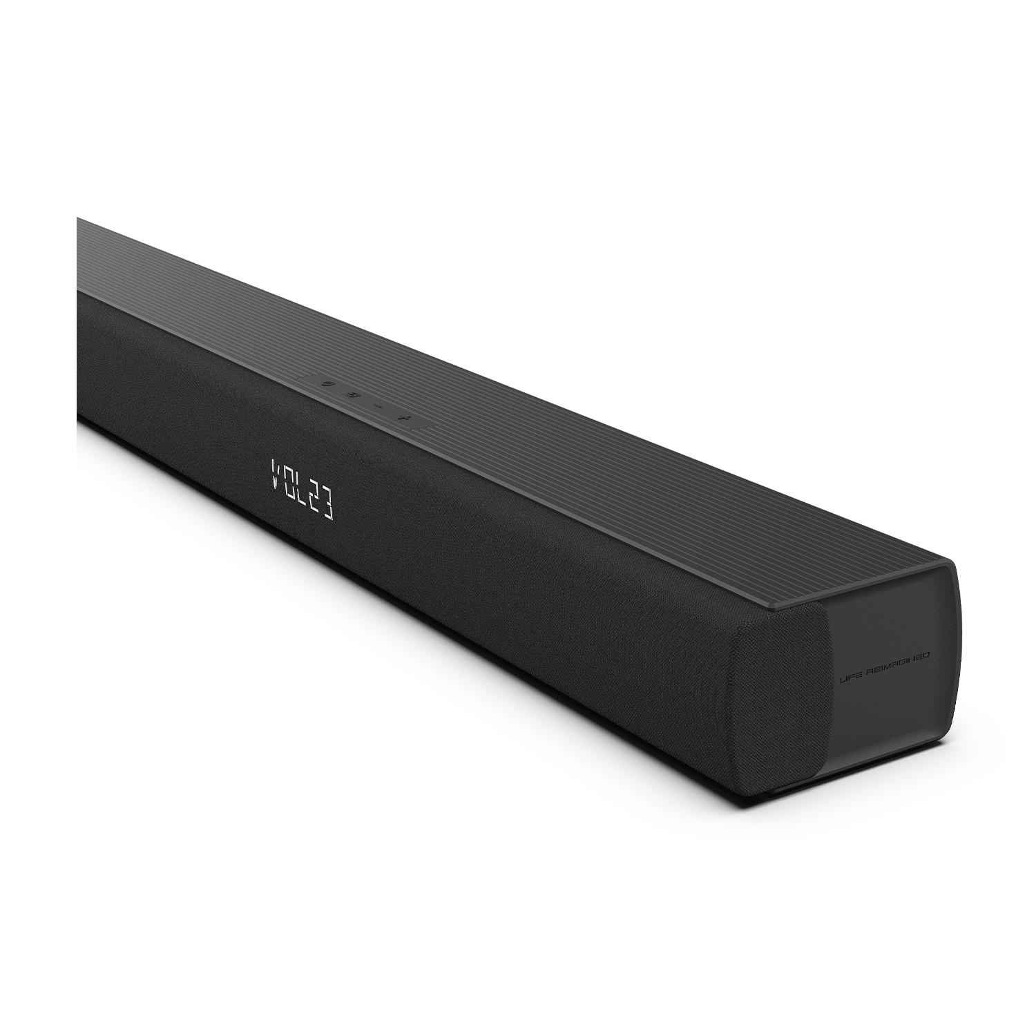 Soundbar nera con testo 'VOL 23'. Su sfondo bianco con texture a coste.