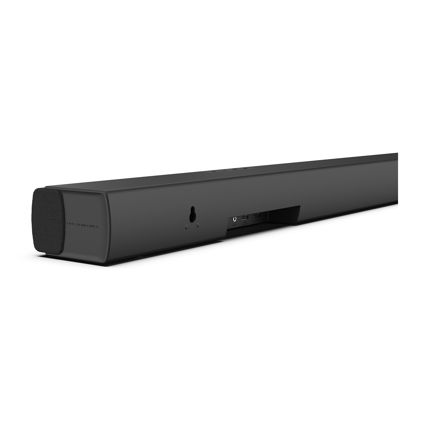 Soundbar nera, vista laterale. Estremità curva con testo. Diverse porte sul retro.