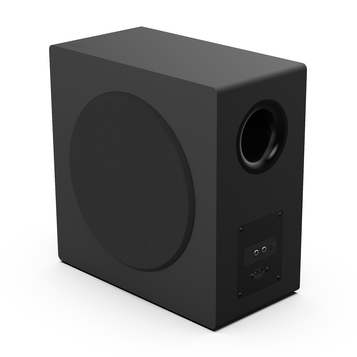 Un subwoofer nero su sfondo bianco. Ha un altoparlante e una porta. La parte posteriore ha delle porte di ingresso.