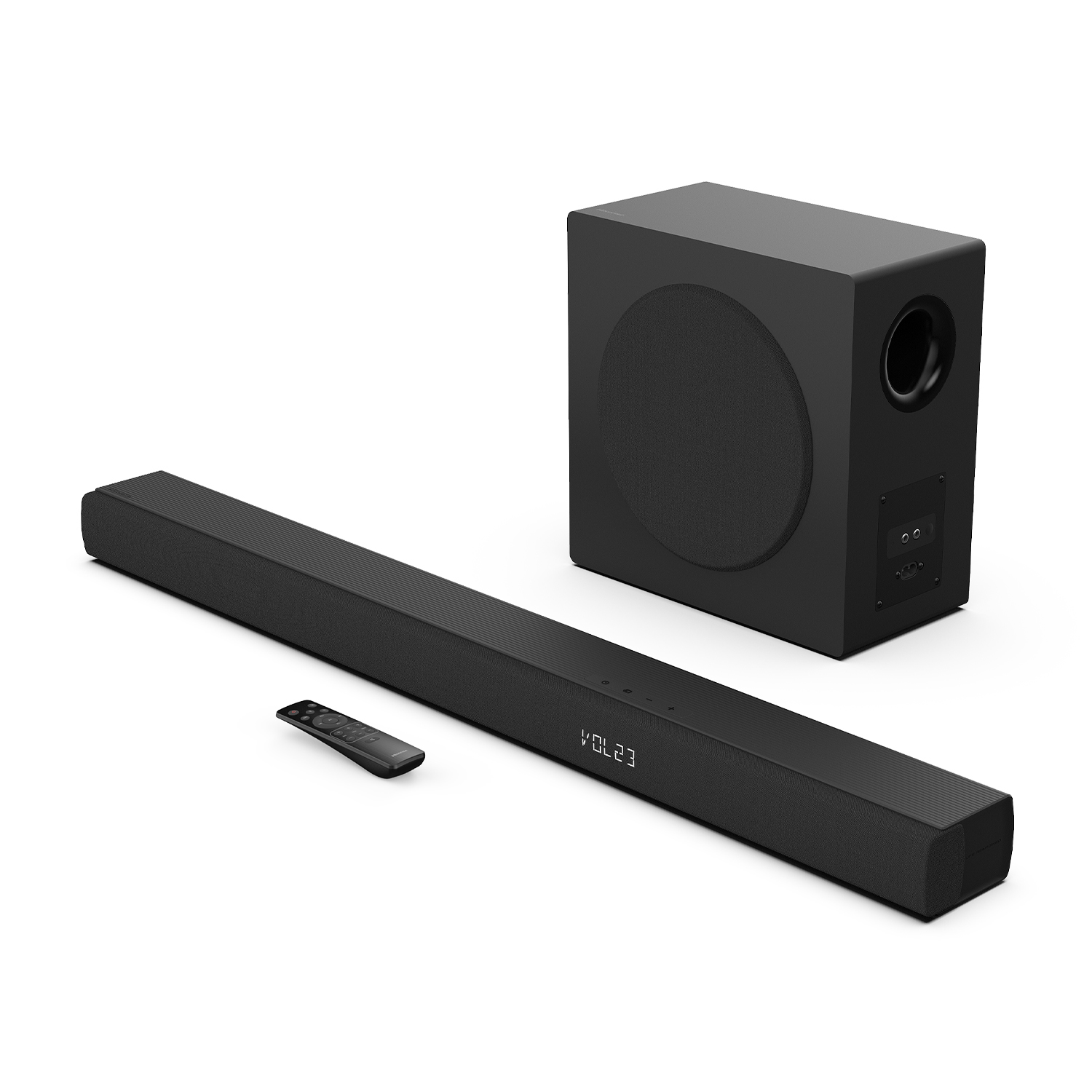 Soundbar nera con subwoofer e telecomando. Sulla soundbar c'è scritto "VOL 23".