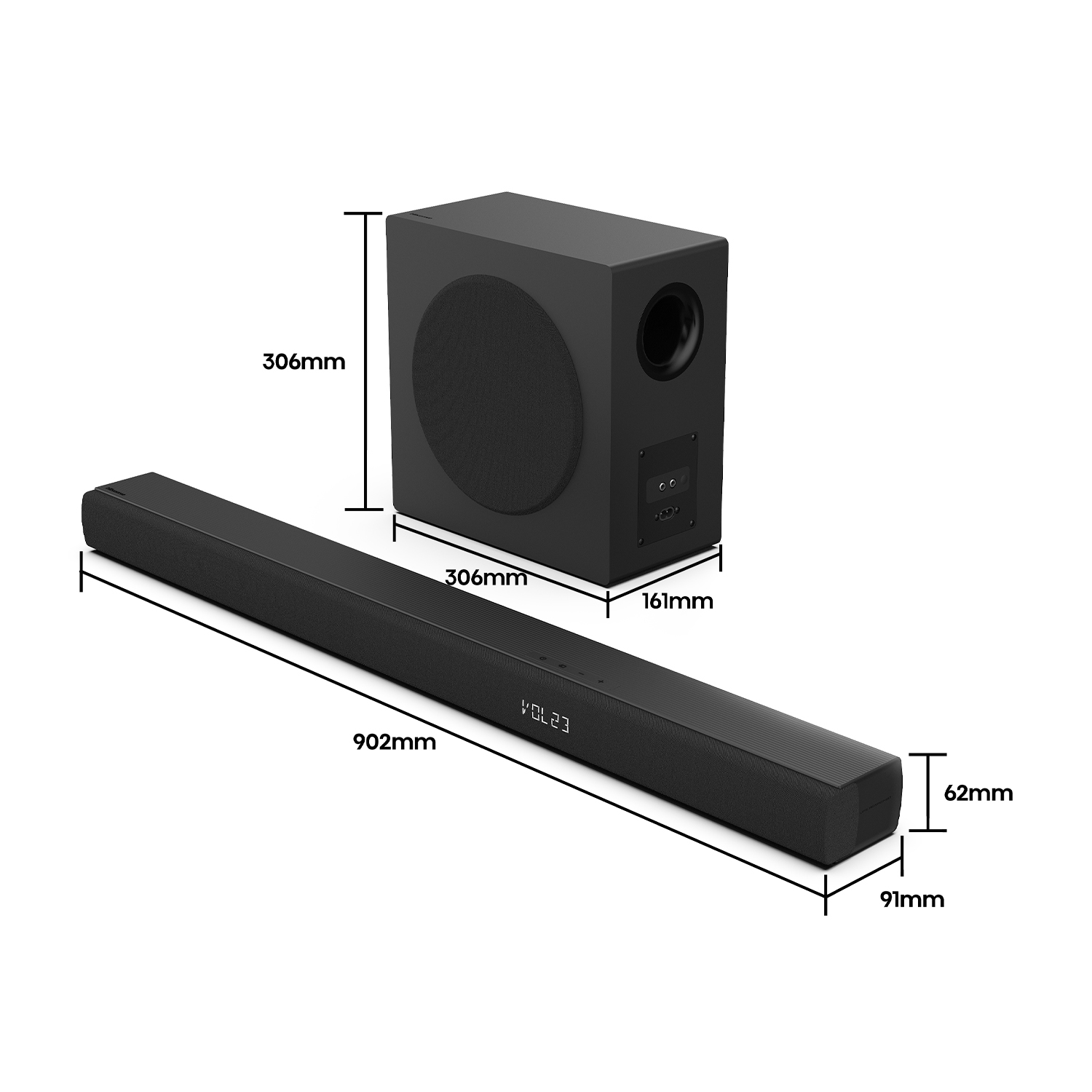Soundbar e subwoofer neri. Dimensioni mostrate. Soundbar mostra 'VOL23'.