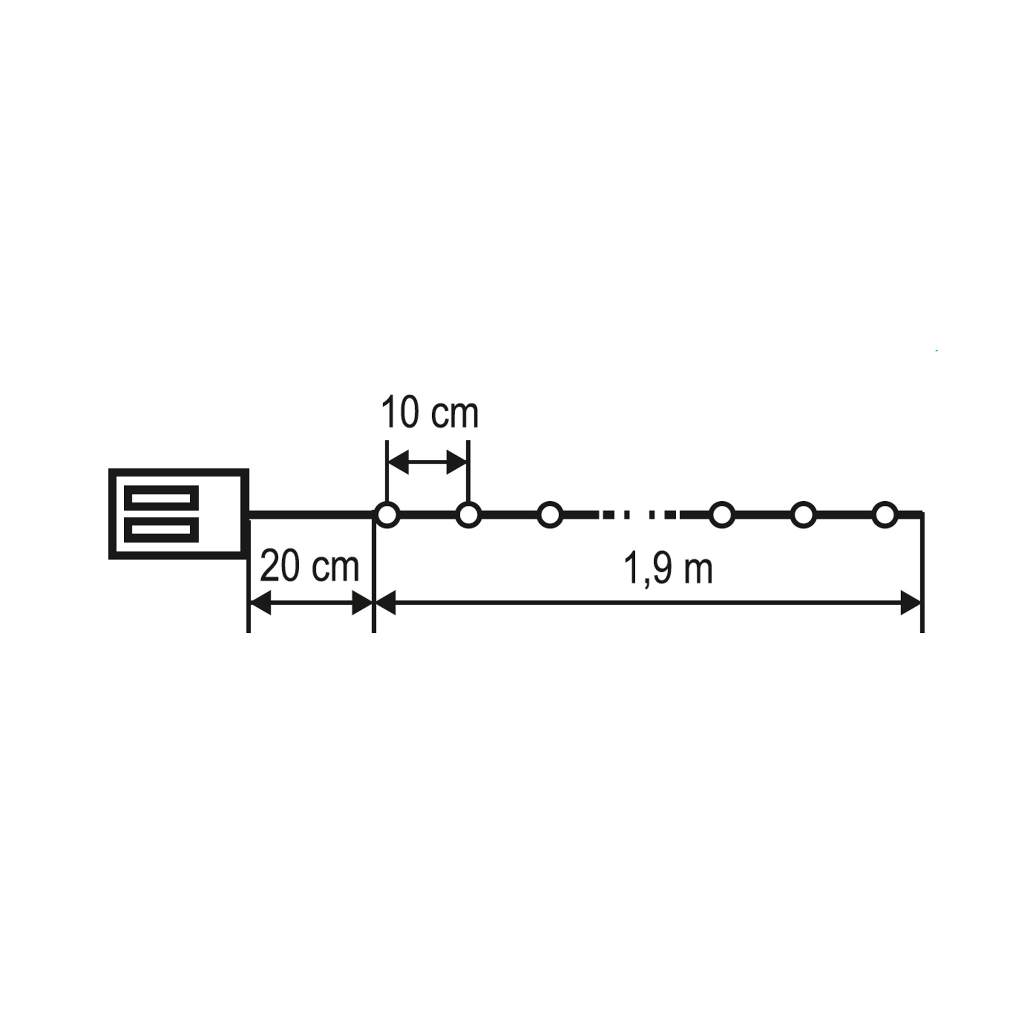 Diagram: Fénysor körökkel, 10cm-es távolságokkal, 1,9m teljes hosszal, 20cm-es vezeték.