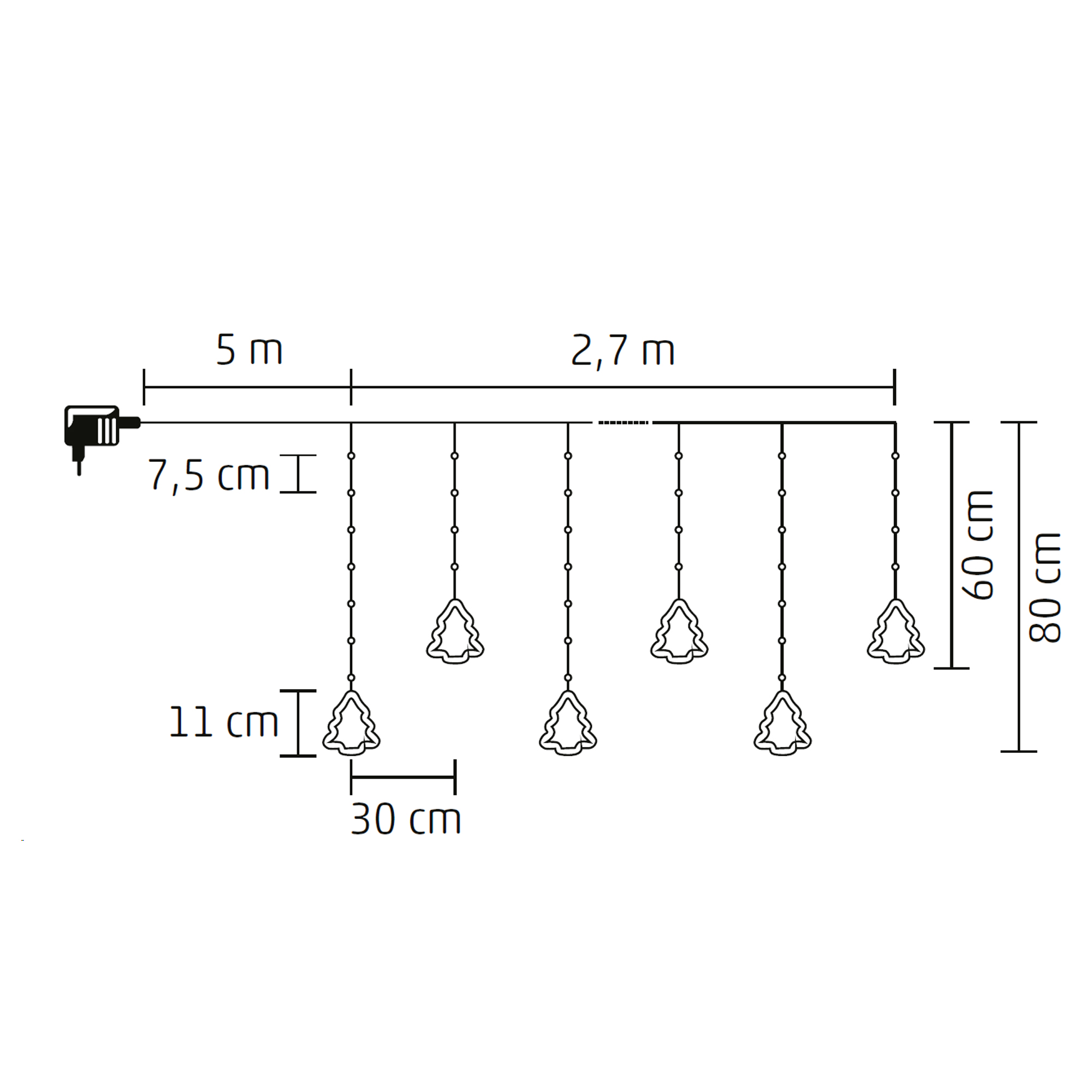 Karácsonyi égősor felülnézeti diagramja méretekkel.