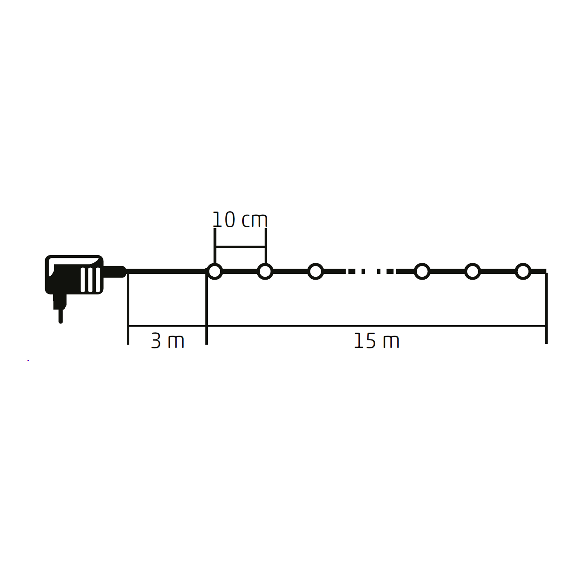 Fekete füzérfény, hálózati csatlakozóval és a távolságokat mutató diagrammal.