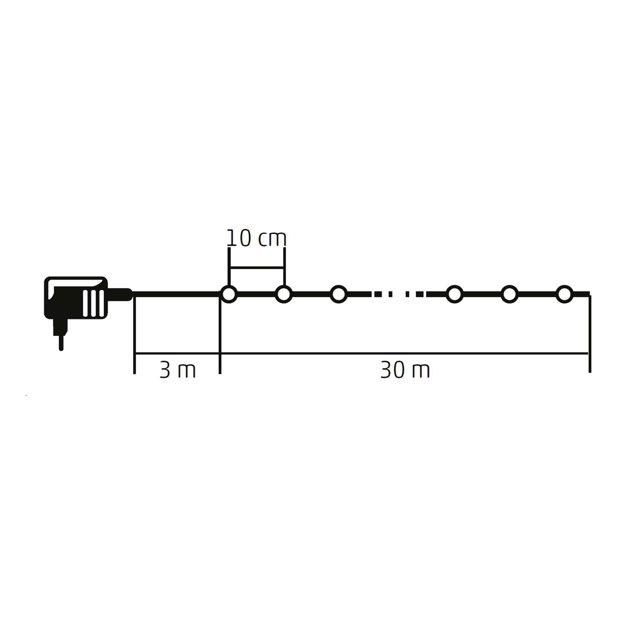 Egy fekete kábel diagramja fehér körökkel, bal oldalon egy áramforrással. A számok a hosszúságot jelzik.