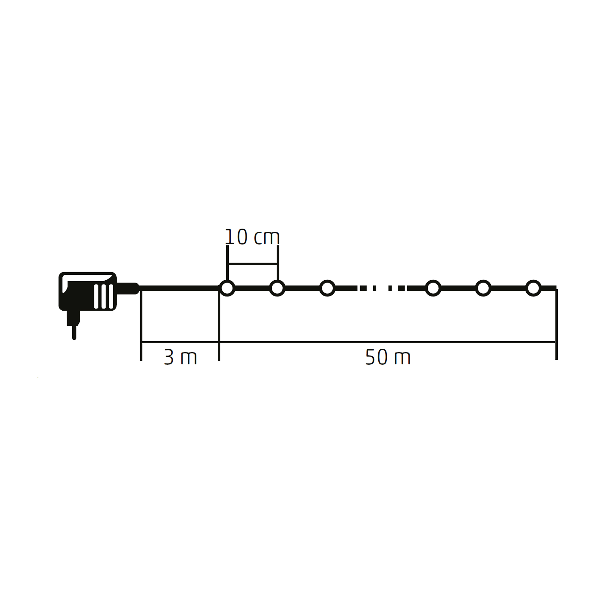 Fénysor kábelkor és a távolságokat mutató diagram. Fehér háttér.