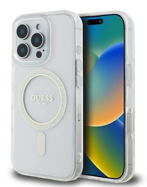 Telefon w przezroczystym etui Guess z błyszczącym okręgiem, widoczny jest ekran telefonu.
