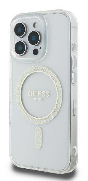 Przezroczyste etui na telefon z błyszczącym pierścieniem wokół aparatu. Etui ma przyciski.