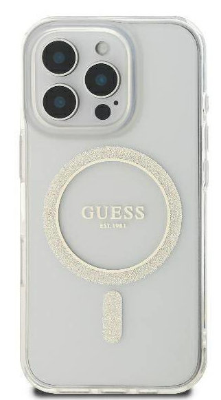 Przezroczyste etui na telefon z logo Guess i pierścieniem brokatu wokół aparatu.