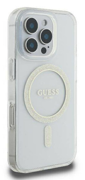 Przezroczyste etui na telefon z błyszczącym okrągłym wzorem i telefonem w środku.