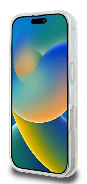 Smartfon w przezroczystym etui, z kolorowym abstrakcyjnym tłem.