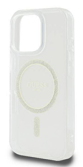 Przezroczyste etui na telefon z magnetycznym pierścieniem, ze słowem 'GUESS' pośrodku.