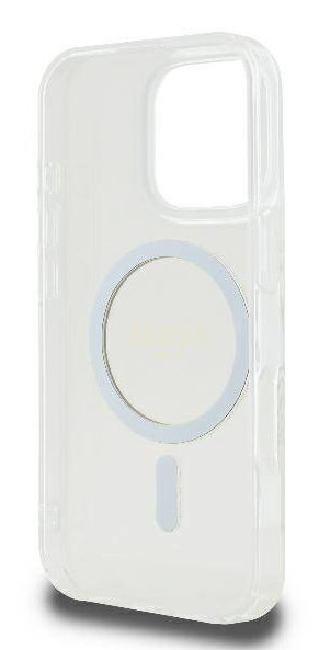 Przezroczyste etui na telefon z białym pierścieniem i małym prostokątem z tyłu oraz czarnym cieniem.