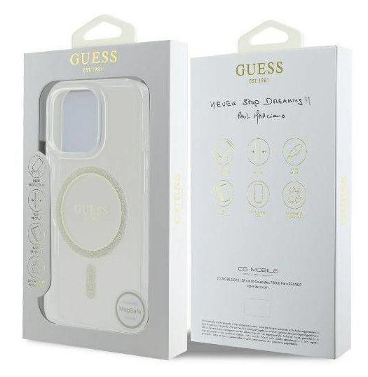 Białe etui na telefon w pudełku Guess z tekstem i ilustracjami.
