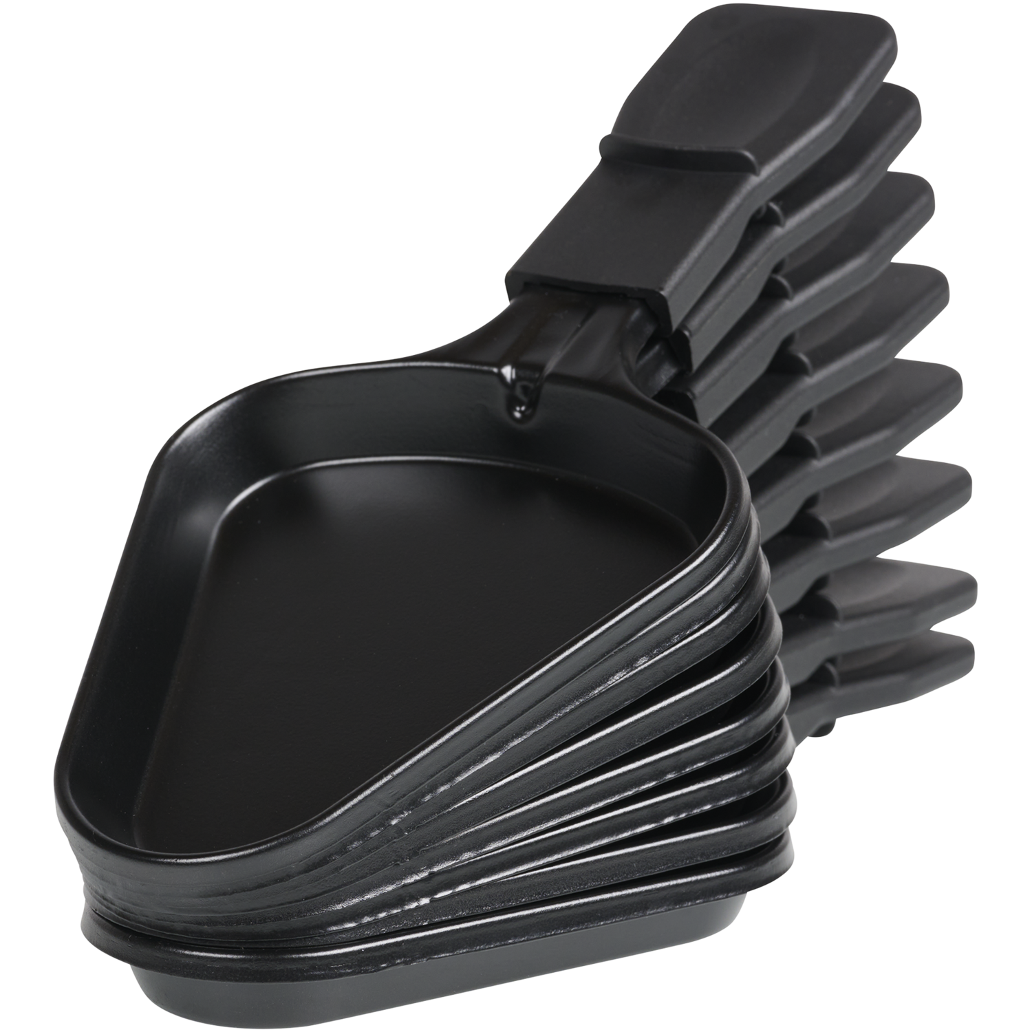 Stack of black raclette pans. Each pan has a handle and a curved shape for cooking cheese.