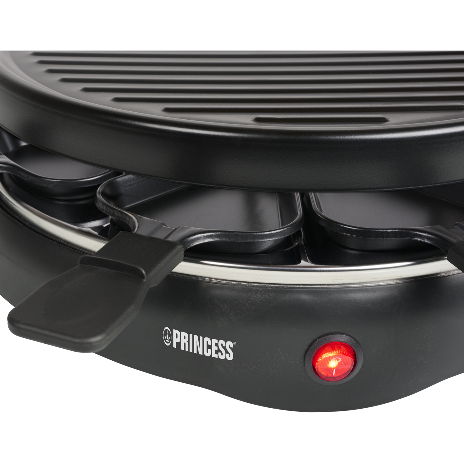 Princess Gourmetstel 162655 - Black Steel Raclette - Grill & Bakplaat - 8 Personen - Groot 44 X 25cm Zwart Met Bamboe Regelbare Thermostaat 1300w 15 Meter Snoer 8 Pannetjes
