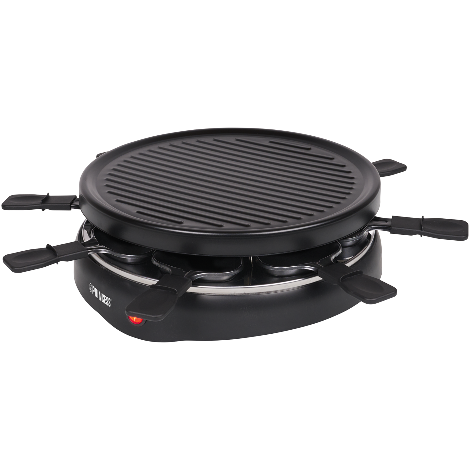 A black raclette grill with individual pans and a round, ridged top.