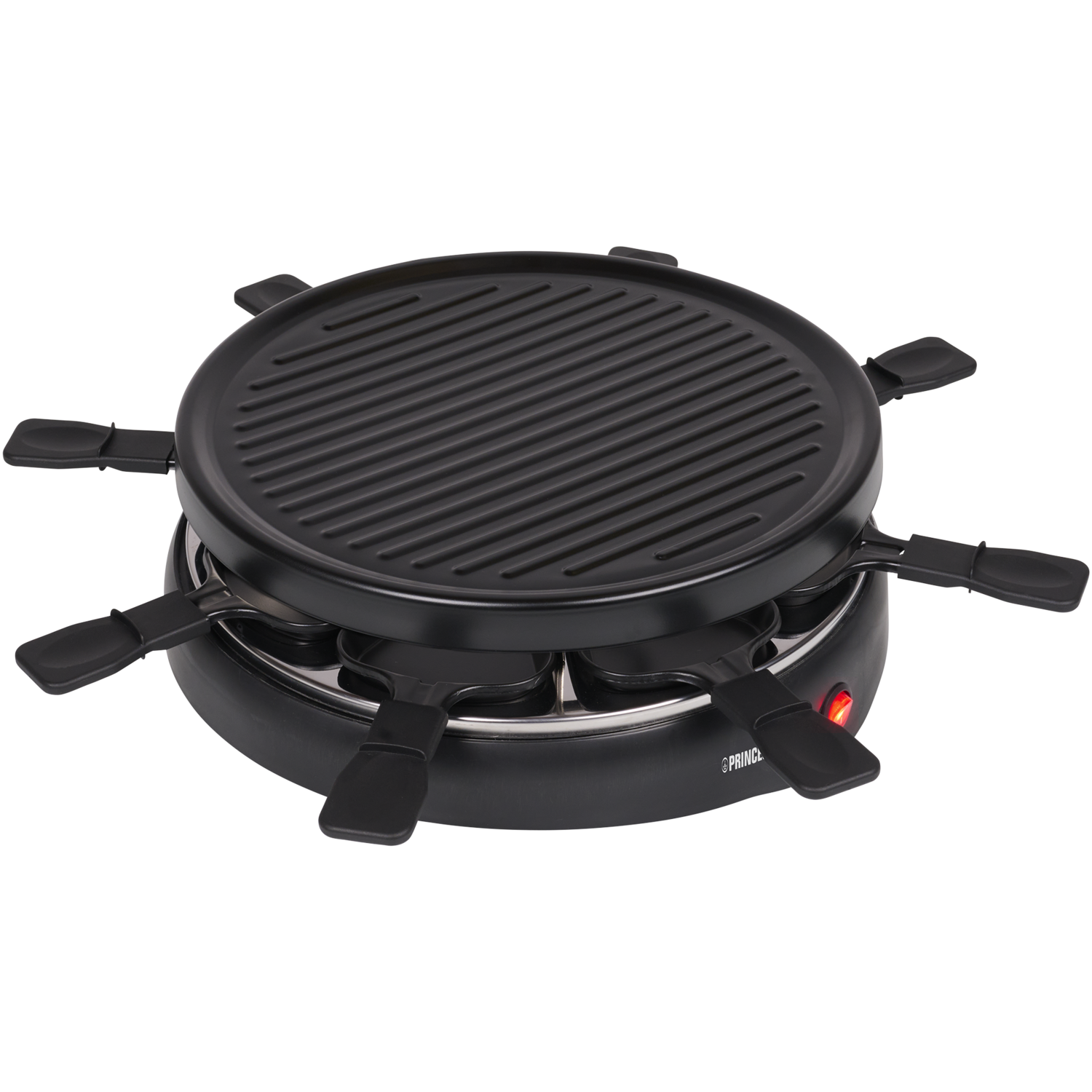 Black raclette grill with multiple compartments and a red light.