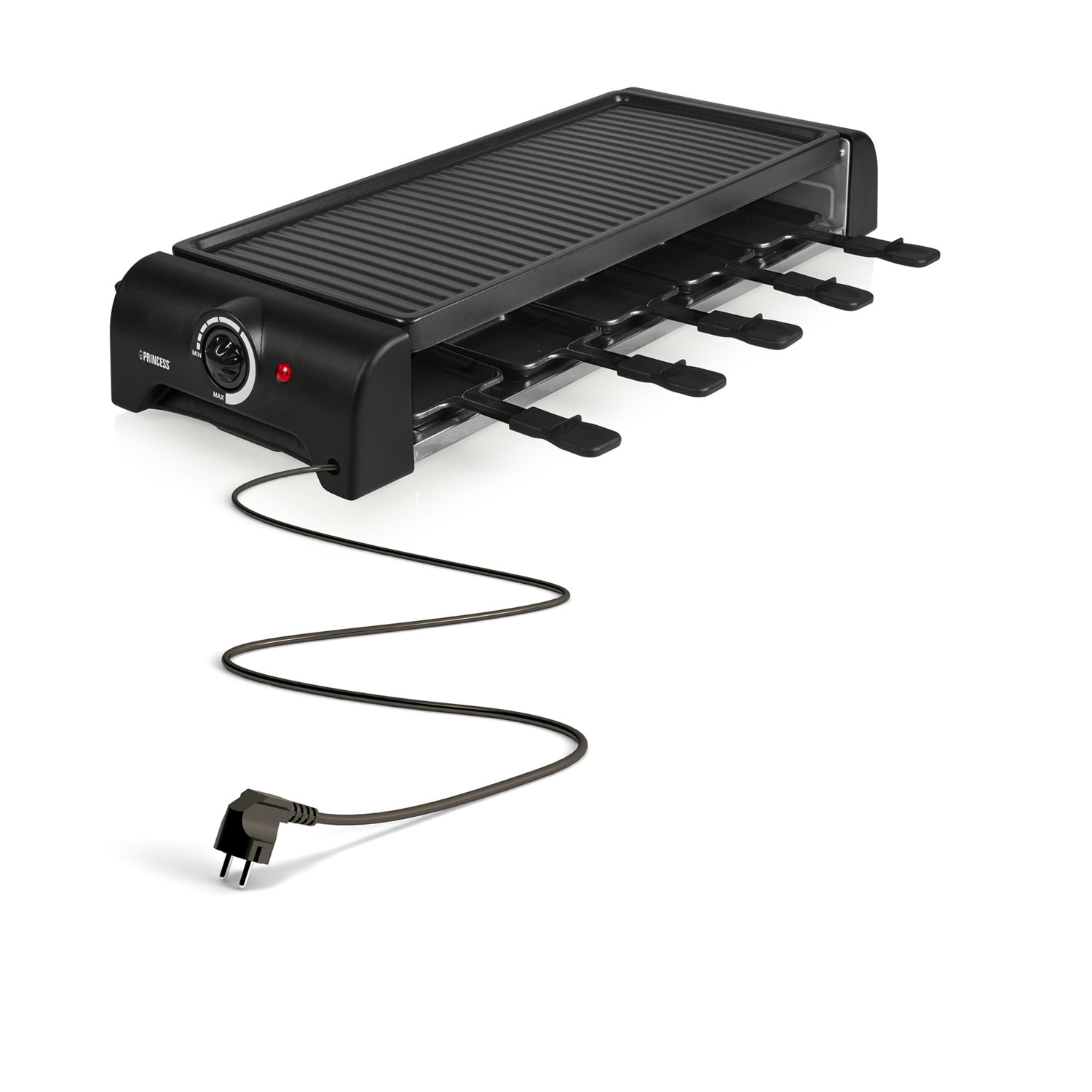 A black raclette grill with six spatulas and a power cord. The word PRINCESS is on the grill.