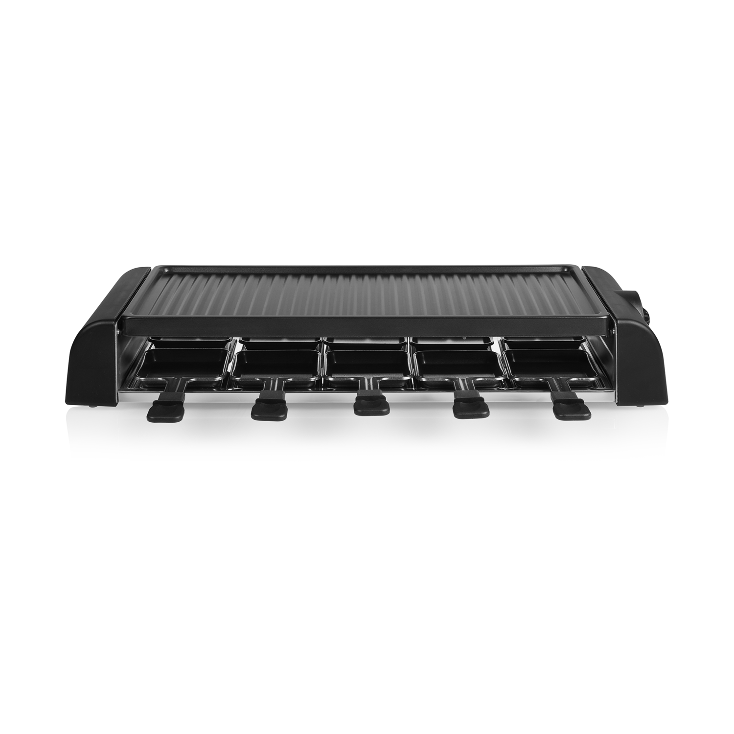 Black electric raclette grill. It has a heating surface and space for cheese trays.