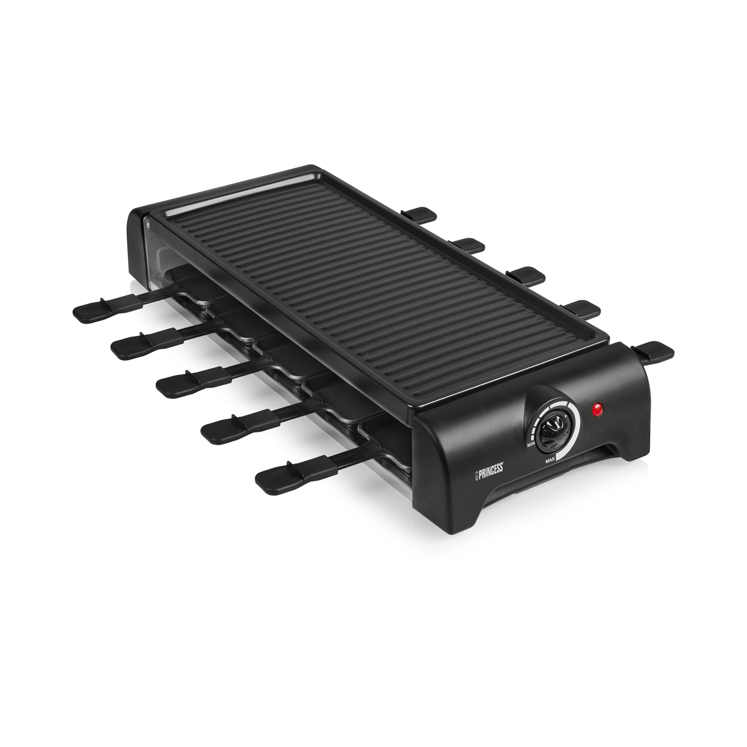 Black raclette grill with six trays, a grill plate, and a control knob. It is on a white surface.