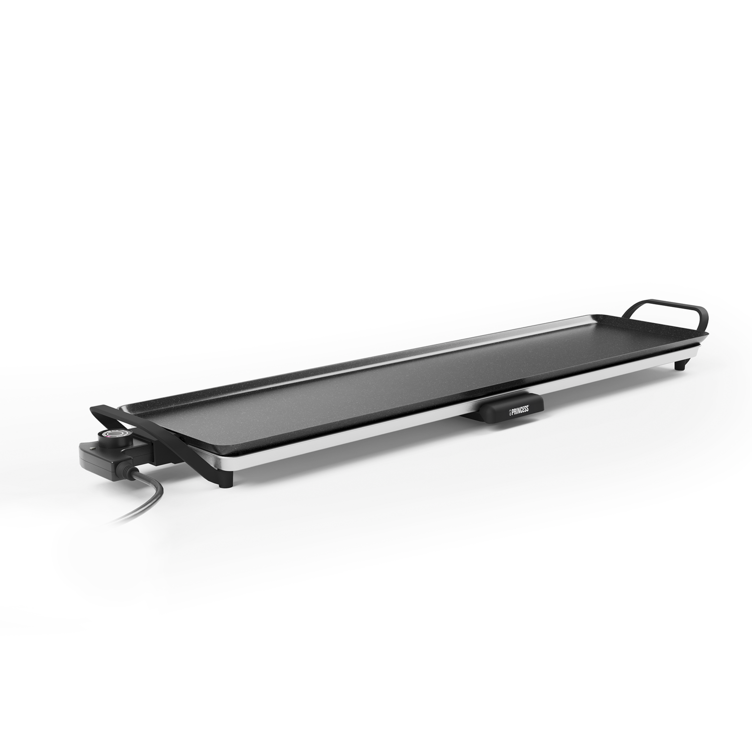 Black griddle on a white surface. Handles on both sides. Isolated.