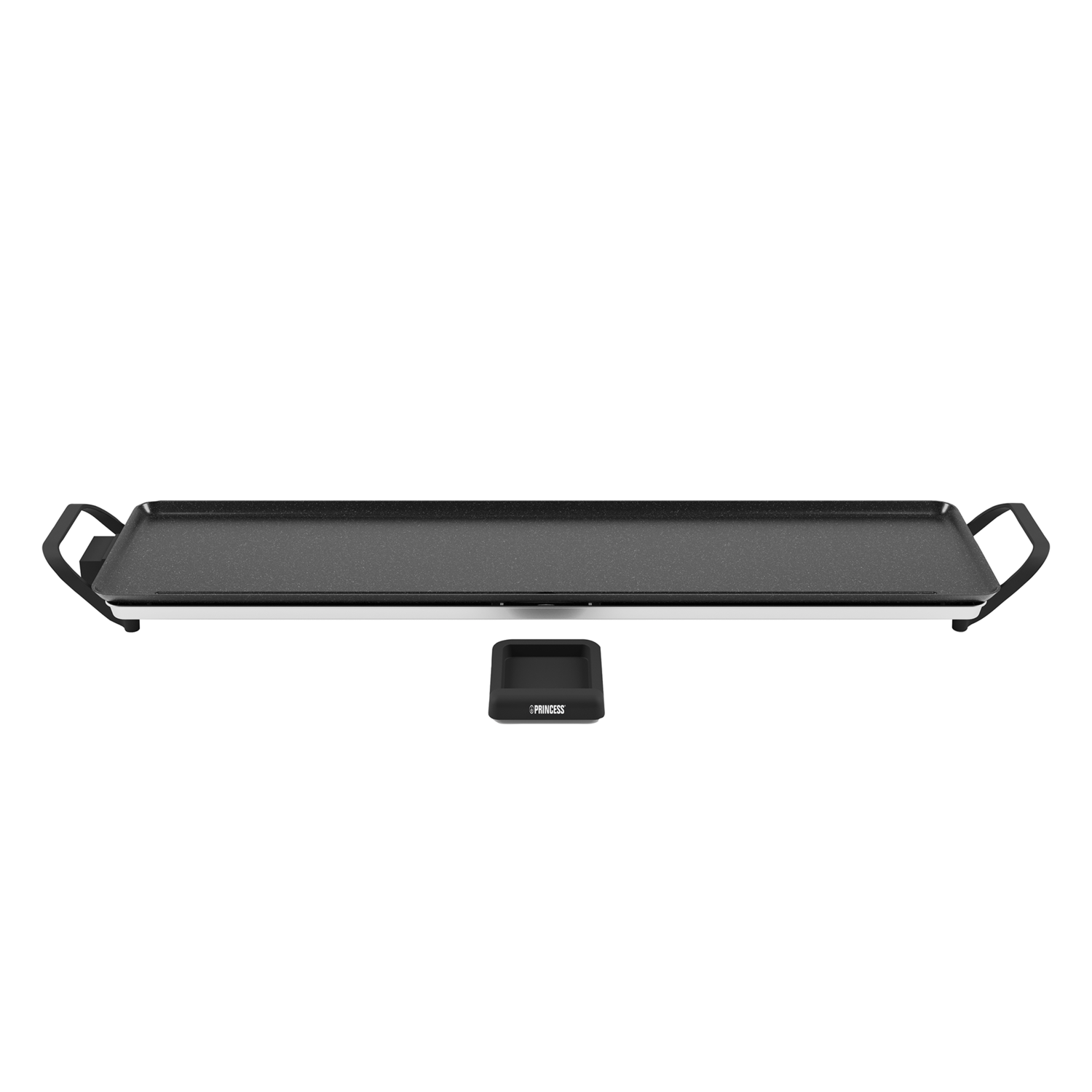 A black electric griddle with handles and a separate control panel, set against a white background.