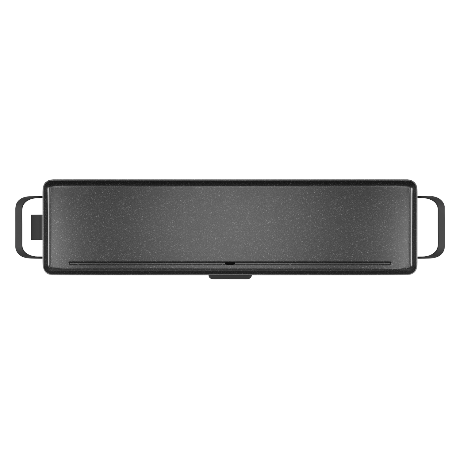 Black griddle with handles. The surface of the griddle is textured.