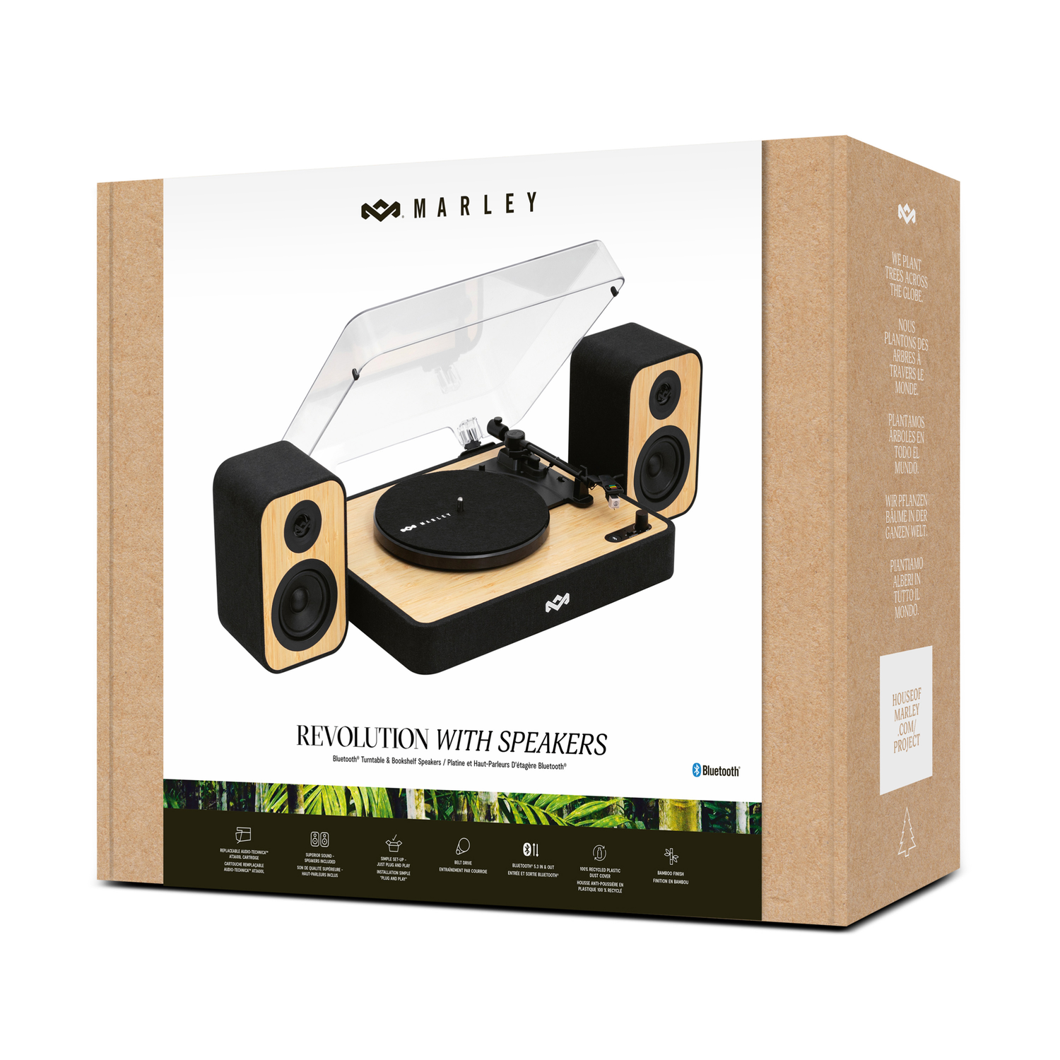 Een Marley platenspeler in een doos. De doos heeft afbeeldingen van luidsprekers en andere productdetails.