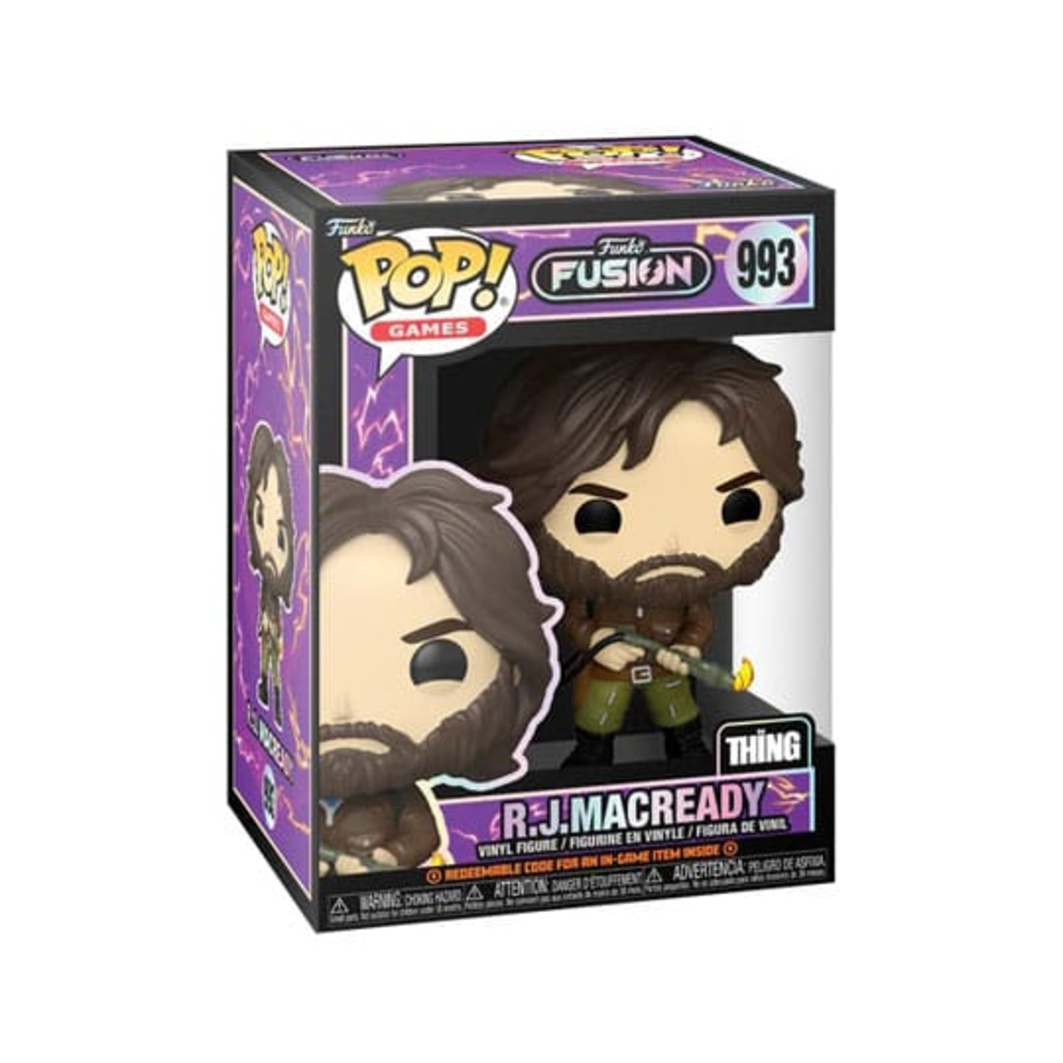 Funko Pop box with a figure of RJ MacReady from The Thing. The box is purple and black.