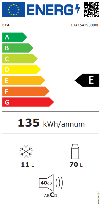 Energia címke besorolásokkal és fogyasztási adatokkal hűtőszekrényhez.