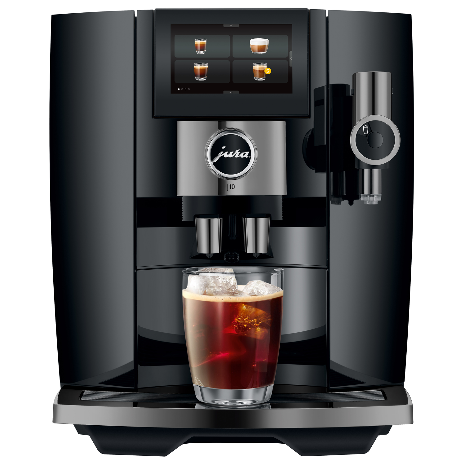 Een zwarte Jura koffiemachine met touchscreen en een glas ijskoffie.