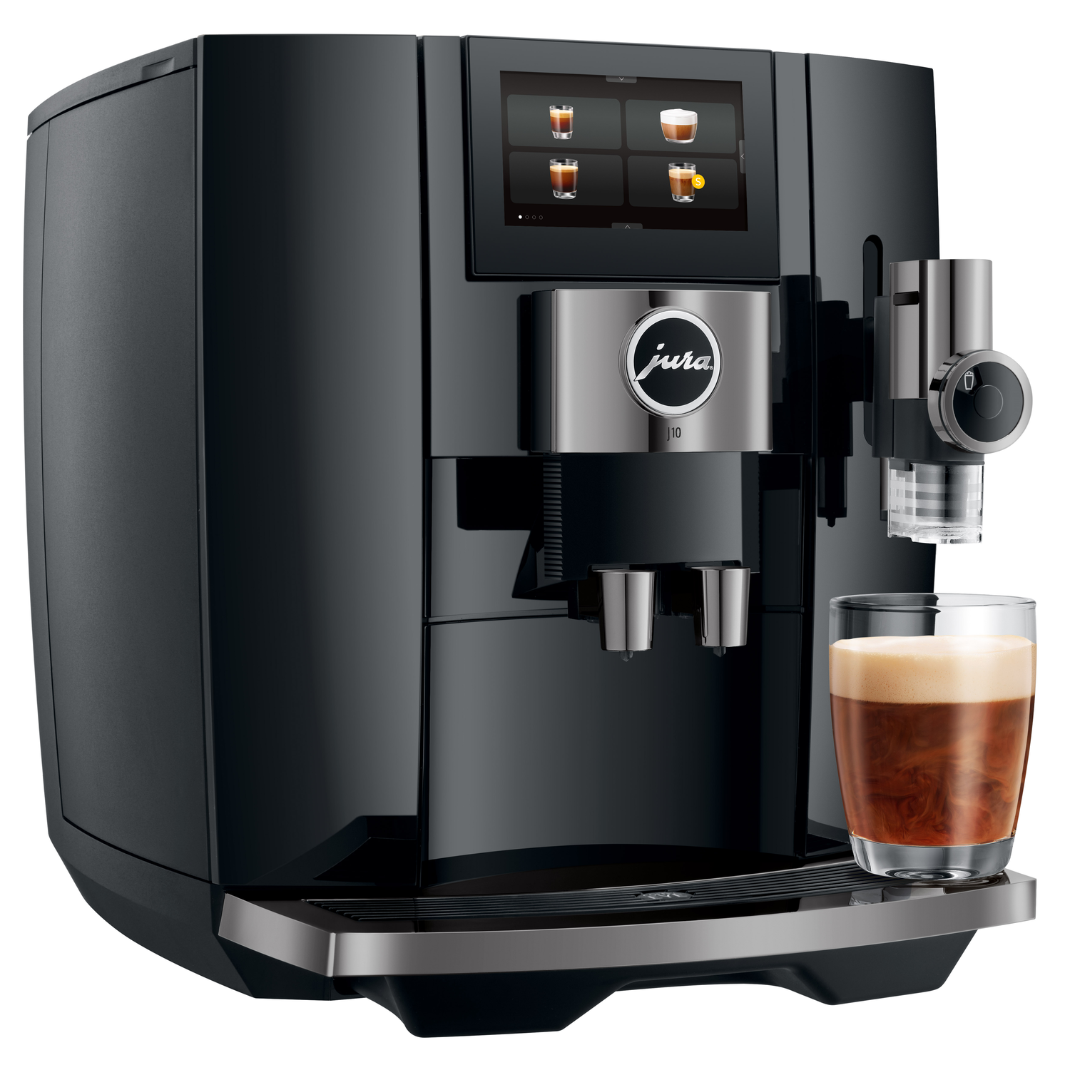 Zwarte Jura koffiemachine met touchscreen, zilveren accenten en een glas espresso.