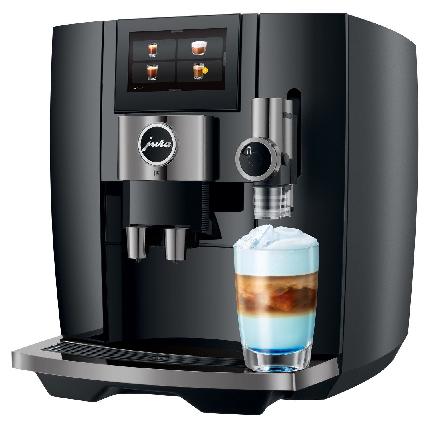 Zwarte espressomachine, display met koffie-opties. Glas met gelaagde drank.