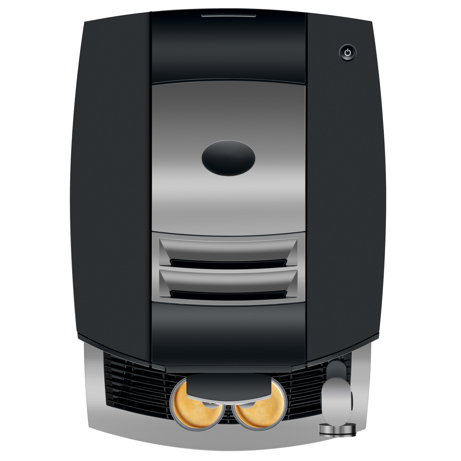 Zwart en zilverkleurig espressomachine. Een aan/uit-knop aan de bovenkant. Twee tuiten schenken koffie.