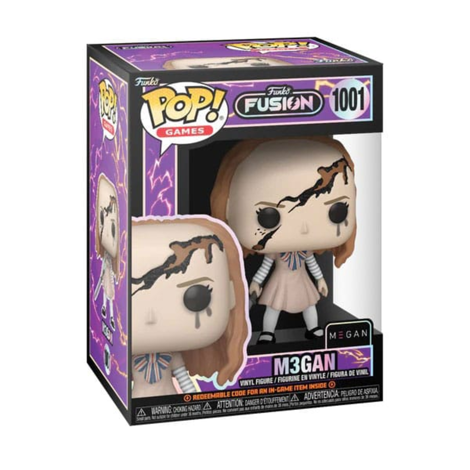 Boxed Funko Pop figure of Megan. The figure has a split face with black lines.