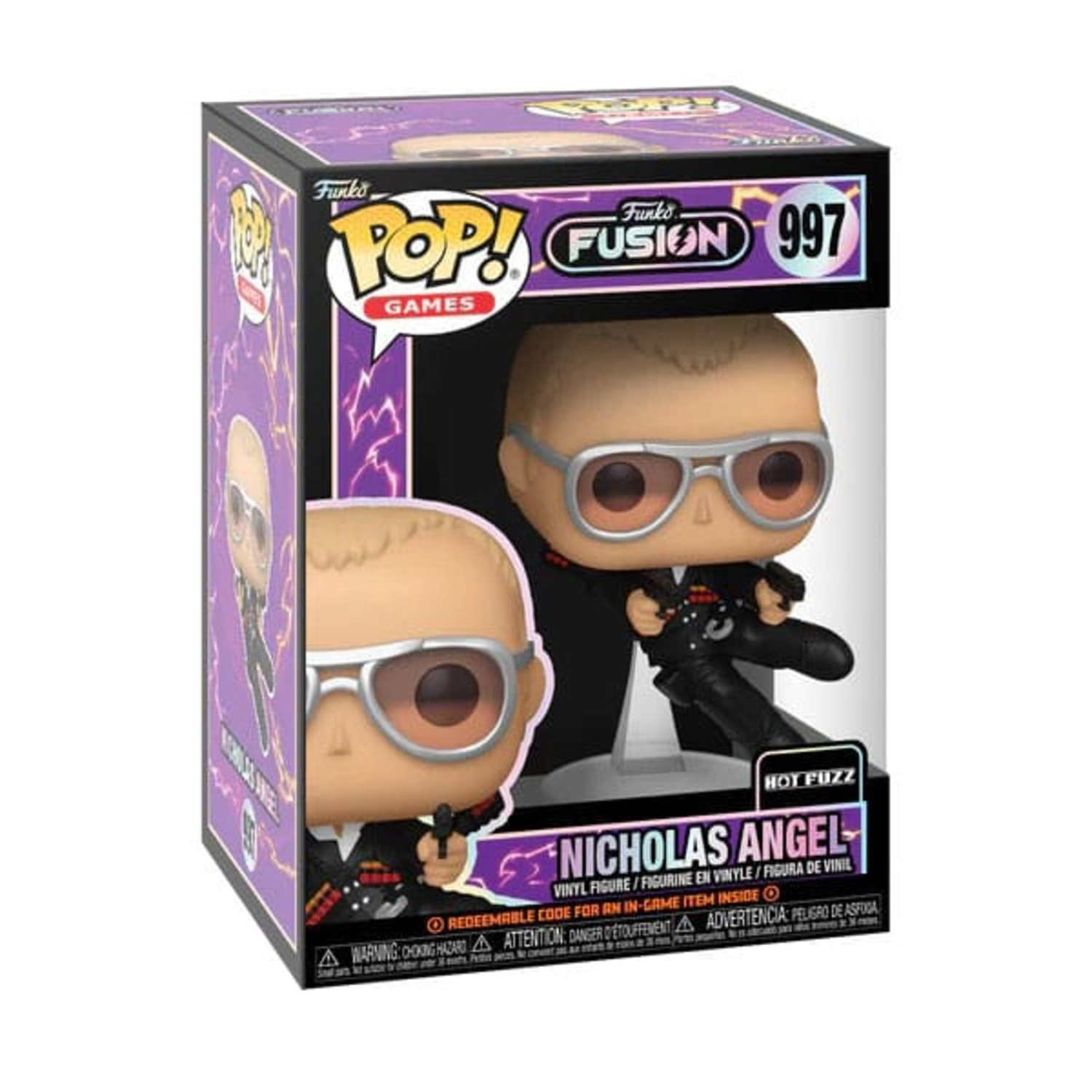 Funko Pop! Games figure in a box. Nicholas Angel figure with sunglasses and guns.