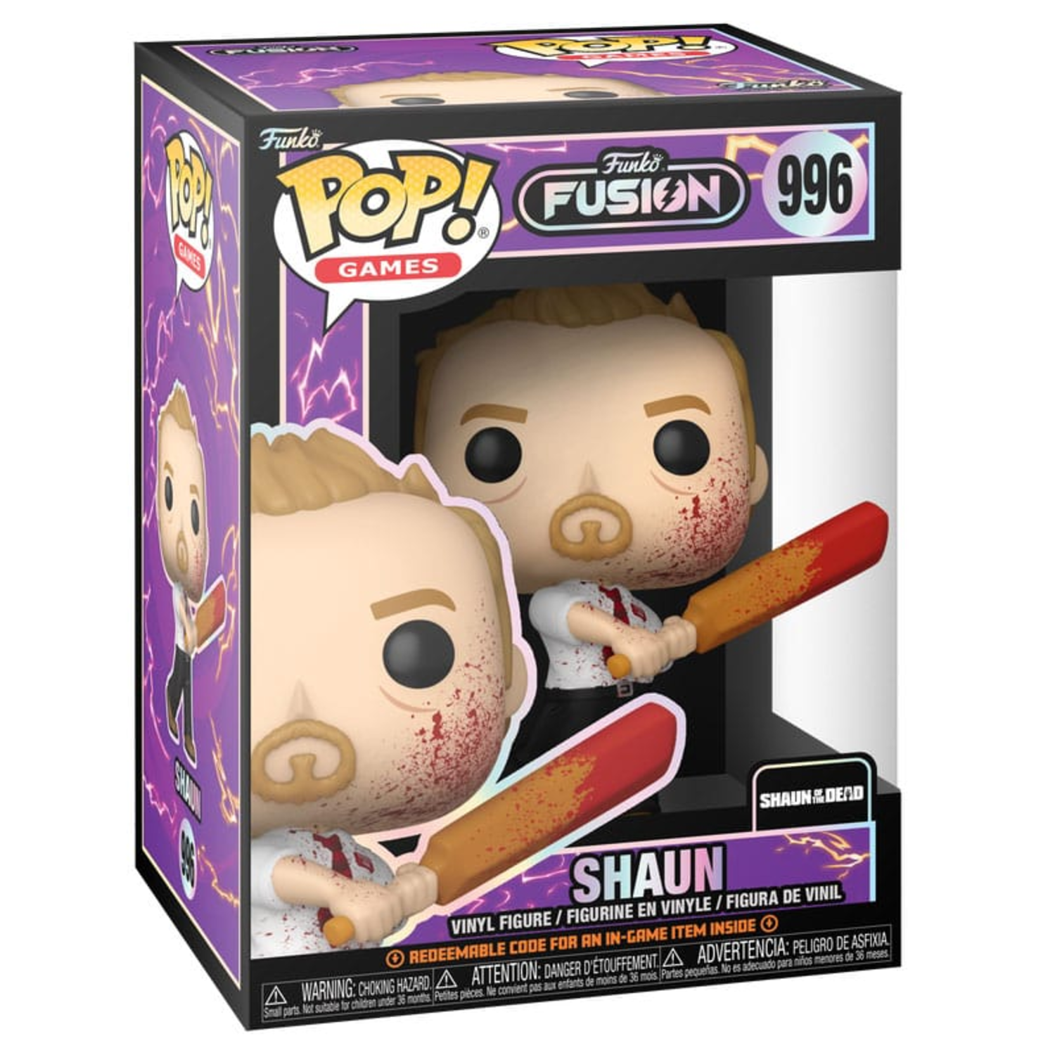 Funko Pop figure of Shaun from Shaun of the Dead, holding a baseball bat with blood splatter.