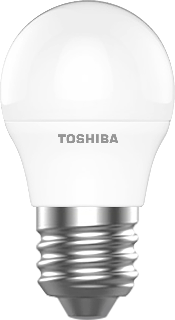 Biała żarówka LED Toshiba ze srebrną podstawą.