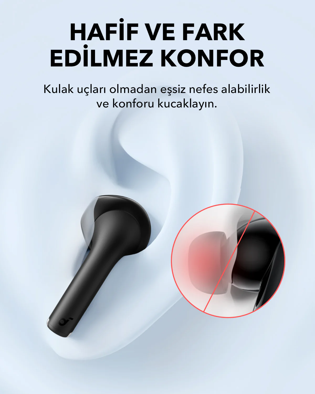 Siyah kulaklıkların yakın çekimi, bir kulak diyagramı ile, Türkçe metin.