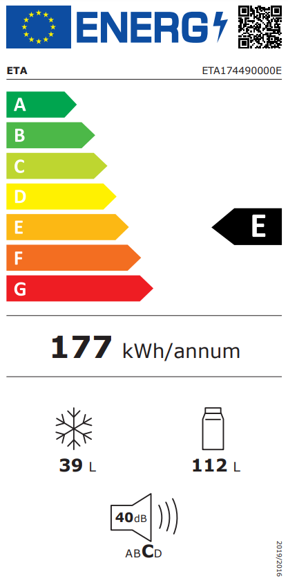 Energetikai címke besorolásokkal, E energiahatékonyságot és fogyasztási adatokat mutatva.