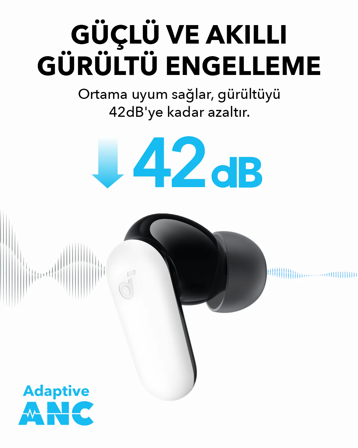 Beyaz ve siyah tasarımlı kulaklıklar. Metin, 42dB'ye kadar gürültü engelleme gösterir.