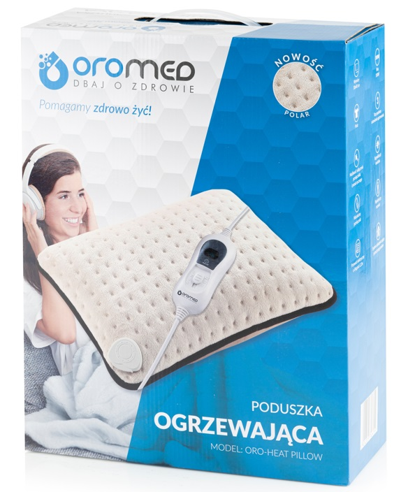 Pudełko z poduszką grzewczą, kobietą w słuchawkach i tekstem po polsku.