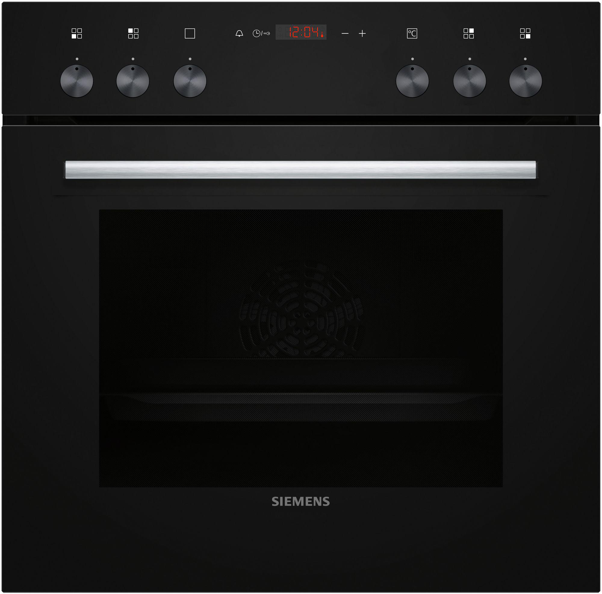 Schwarzer Backofen mit Knöpfen, digitaler Anzeige und Griff. SIEMENS-Logo sichtbar.
