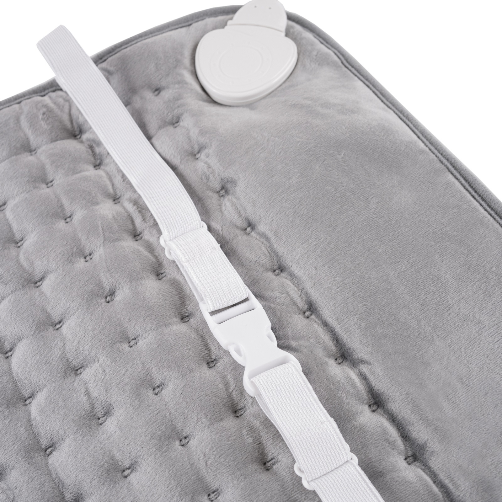 Szary koc ogrzewany z białym paskiem i kontrolerem.